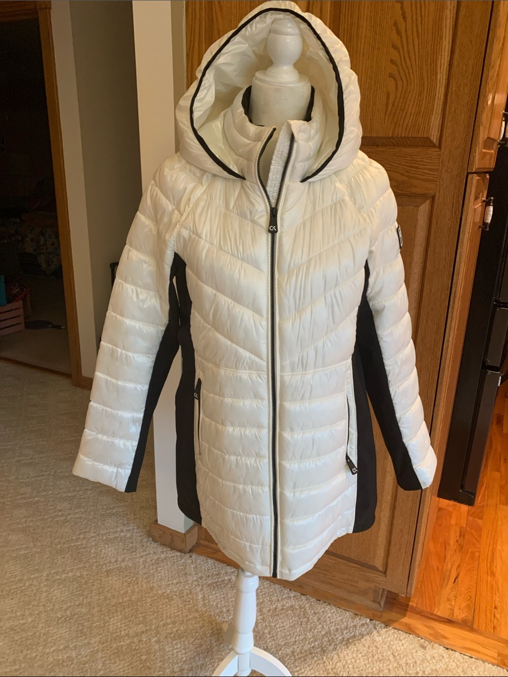 Calvin Klein White Quilted Hooded Puffer Coat with Black Panels